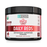 Zhou Organic Reds Powder vertido en vaso, impulso antioxidante para el día.