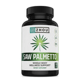 Zhou Saw Palmetto 500 mg, botella frontal, posible apoyo para la frecuencia urinaria.