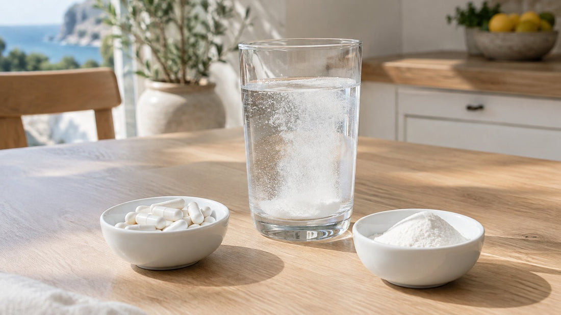 Dos cuencos blancos, uno con cápsulas y otro con polvo, junto a un vaso de agua con polvo disolviéndose