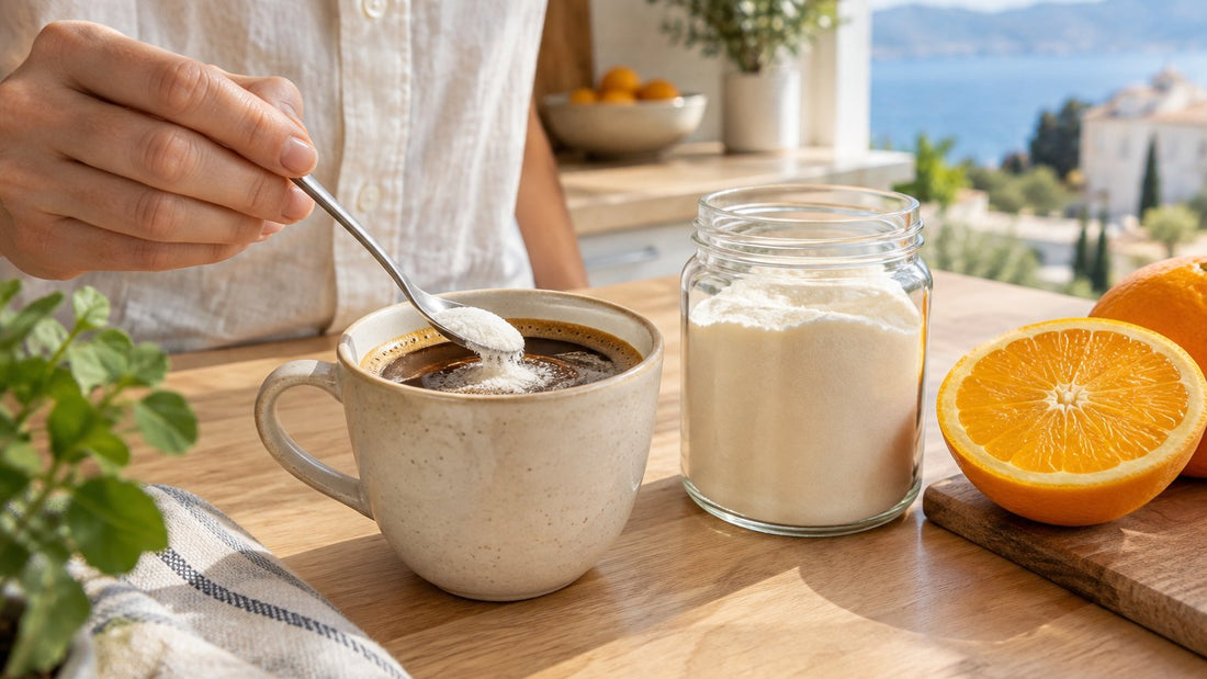 Taza de café con una cucharada de colágeno en polvo, un tarro de cristal y una naranja cortada