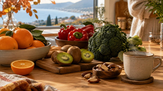 Encimera de otoño con naranjas, kiwis, pimientos rojos, brócoli, nueces de Brasil y una taza de té