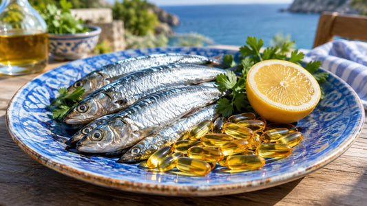 Cápsulas doradas de aceite de pescado junto a sardinas frescas y limón en un plato de cerámica azul