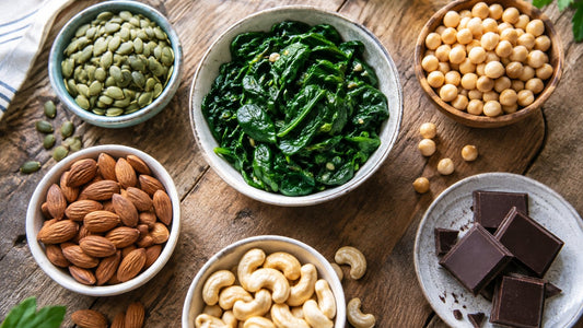 Alimentos ricos en magnesio: pipas de calabaza, almendras, anacardos, espinacas, garbanzos y chocolate negro