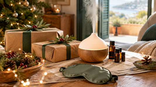 Regalos envueltos en papel kraft con un difusor de aroma, un antifaz de seda y frascos de aceites esenciales