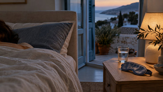 Dormitorio mediterráneo al anochecer con ropa de cama de lino, lámpara tenue y un antifaz de seda en la mesilla