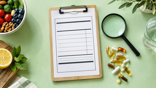 Tabla nutricional en blanco sobre una carpeta junto a una lupa y varias cápsulas de vitaminas