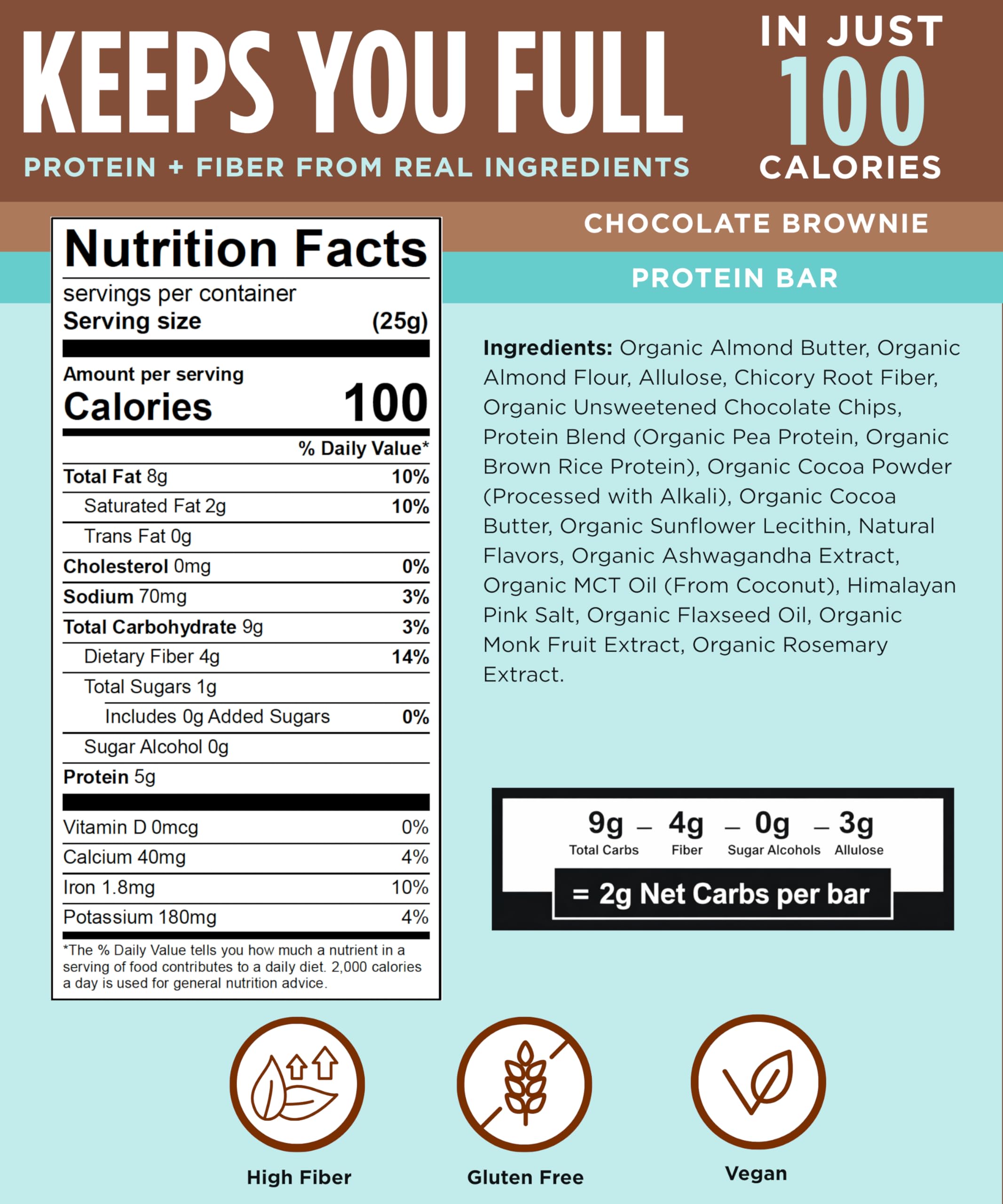 100Cal barra chocolate brownie, corte que revela textura suave y deliciosa.