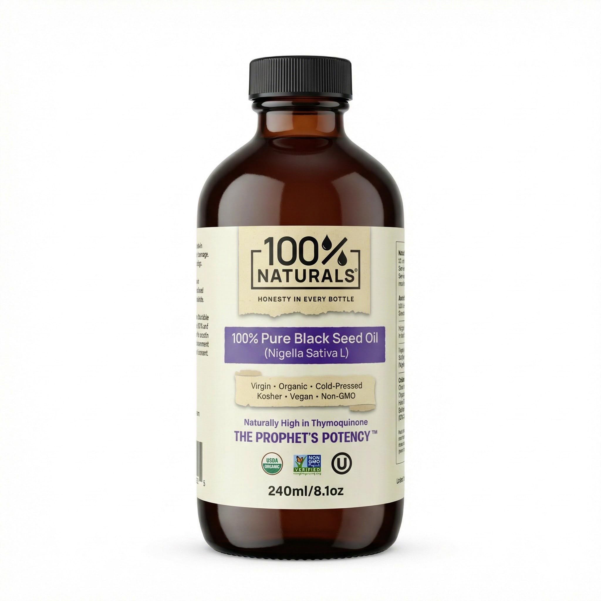 Aceite 100% NATURALS en botella de vidrio ámbar de 8 onzas, conserva frescura.