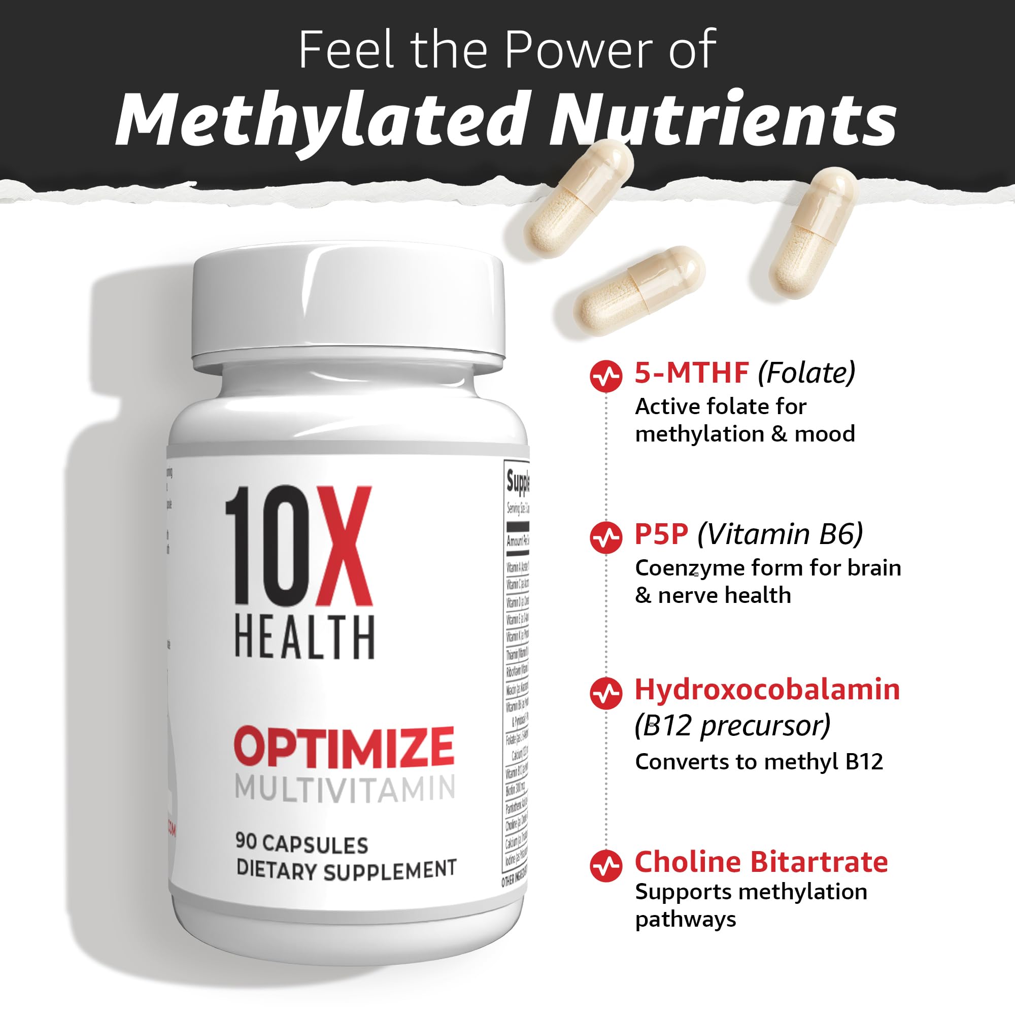 Etiqueta frontal de 10X Health System con diseño claro de ingredientes.
