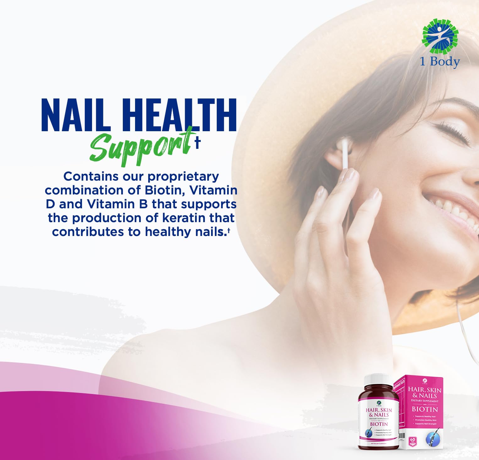 1Body beneficios para cabello, piel y uñas en una imagen informativa.