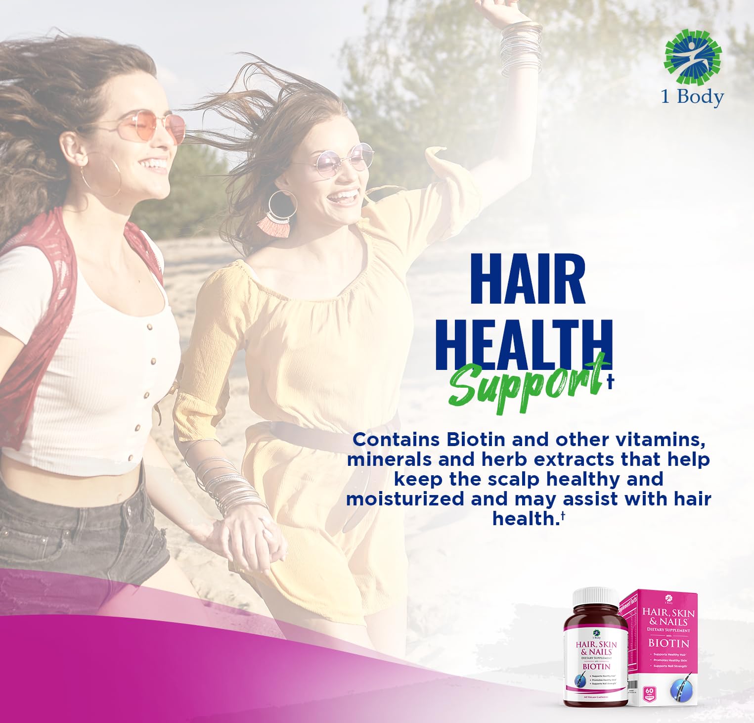 1Body ingrediente clave biotina y vitaminas para cabello y uñas.