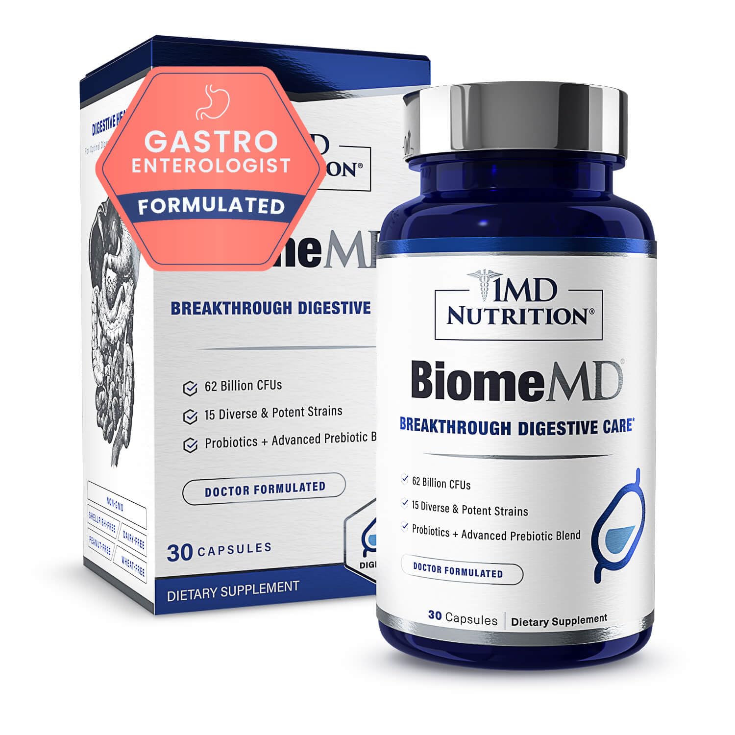 BiomeMD Probiotics de 1MD Nutrition, cápsulas para apoyo digestivo diario.