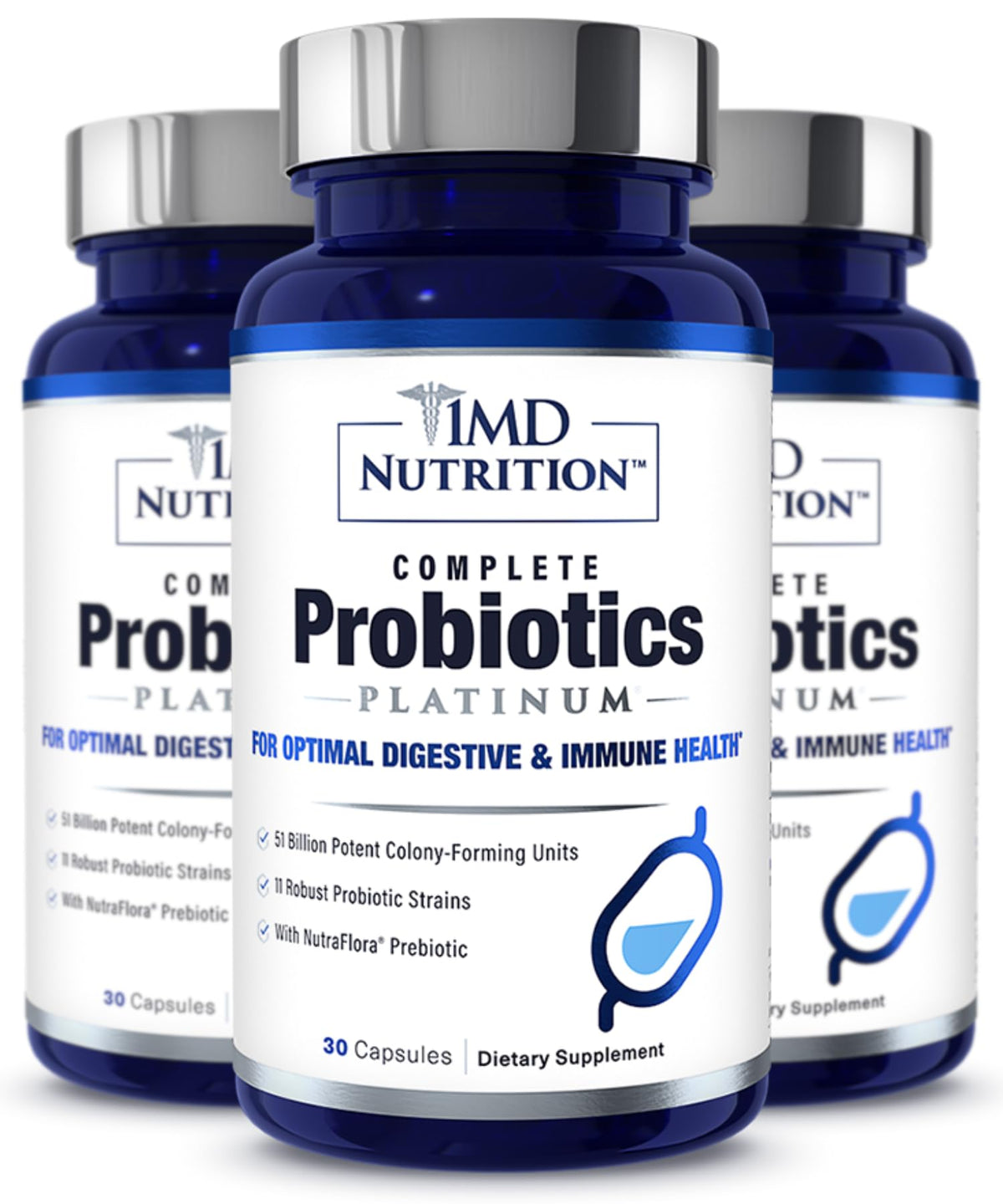 Botella de 1MD Complete Probiotics Platinum para uso diario y soporte digestivo.