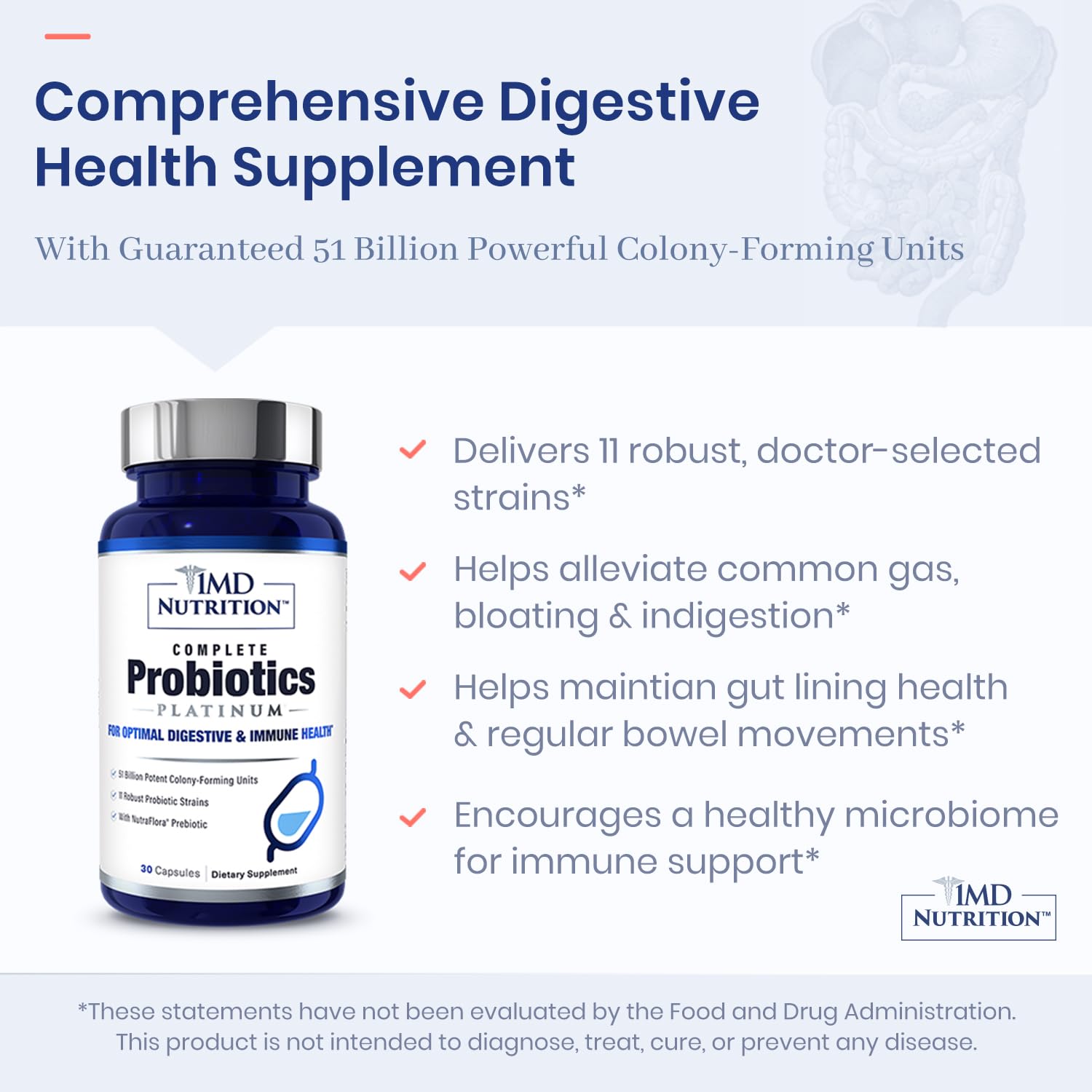 Etiqueta con las cepas clave de 1MD Complete Probiotics Platinum para equilibrio intestinal.