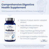 Etiqueta con las cepas clave de 1MD Complete Probiotics Platinum para equilibrio intestinal.