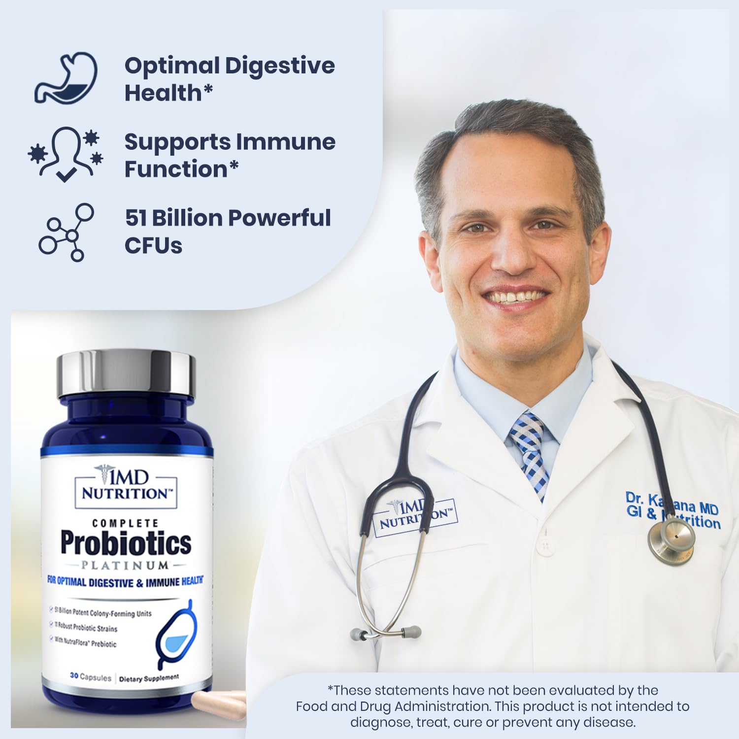 1MD Nutrition Complete Probiotics Platinum etiqueta del producto con prebióticos para apoyo digestivo.