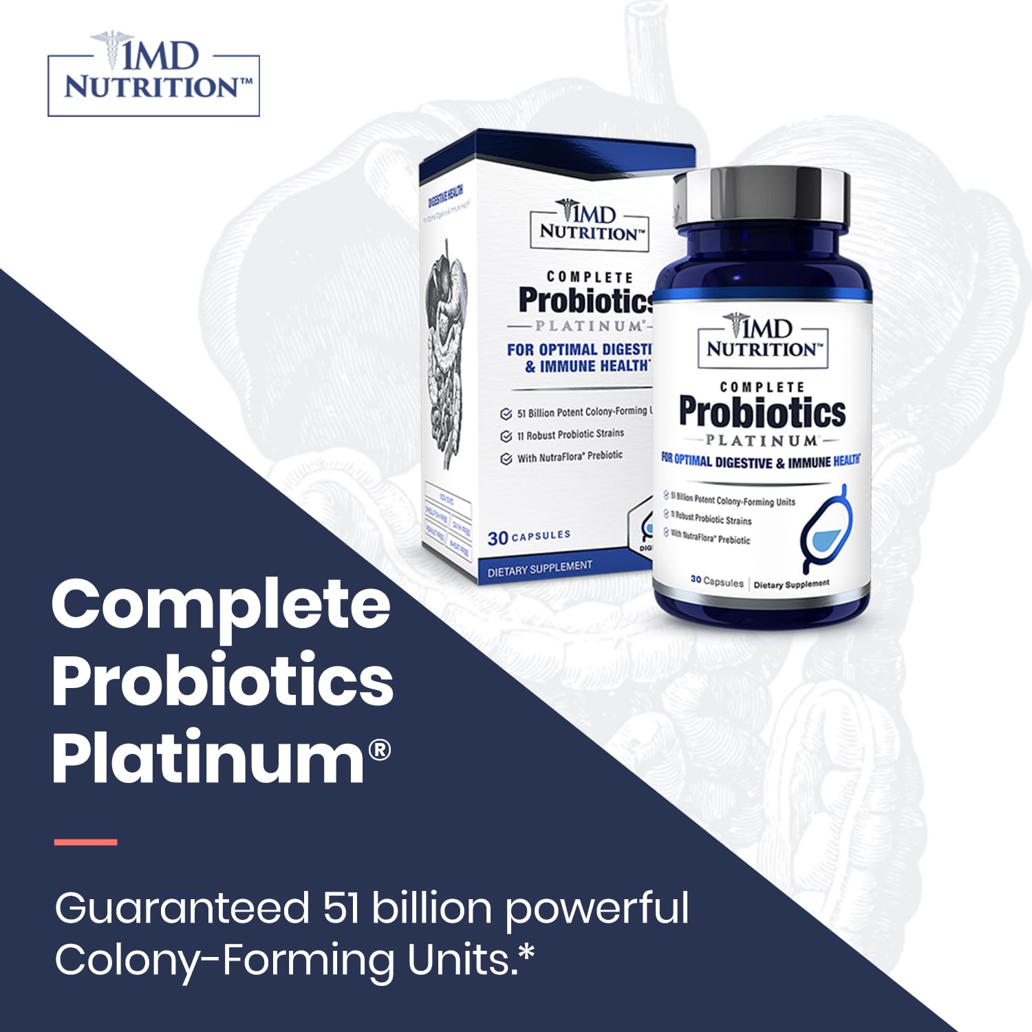 1MD Nutrition Complete Probiotics Platinum etiqueta libre de lácteos para dietas.