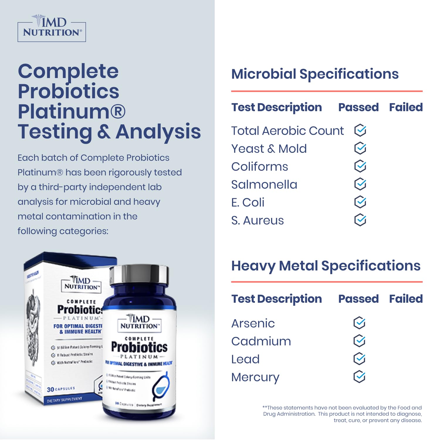 1MD Nutrition Complete Probiotics Platinum mezcla 11 cepas para equilibrio intestinal.