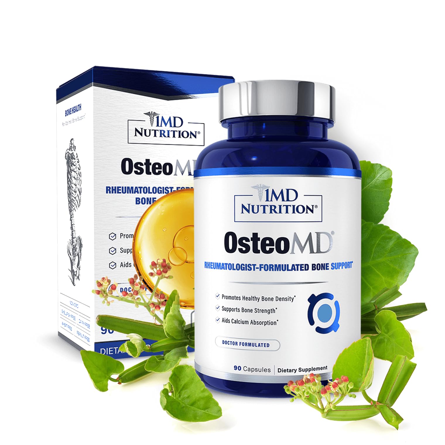 1MD Nutrition OsteoMD, botella lateral, muestra cápsulas para soporte óseo.