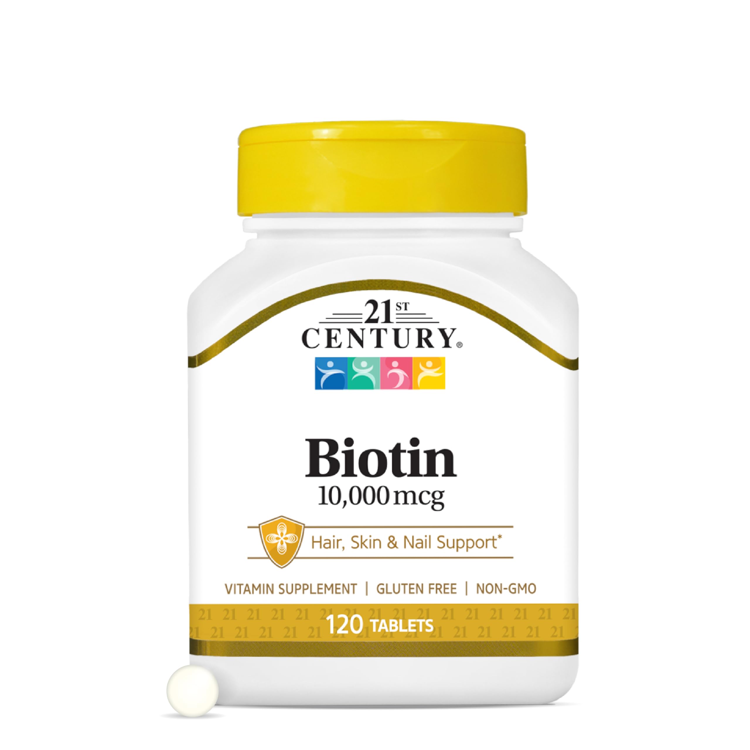 Biotina 21st Century 10,000 mcg en botella para uso diario de cabello saludable.