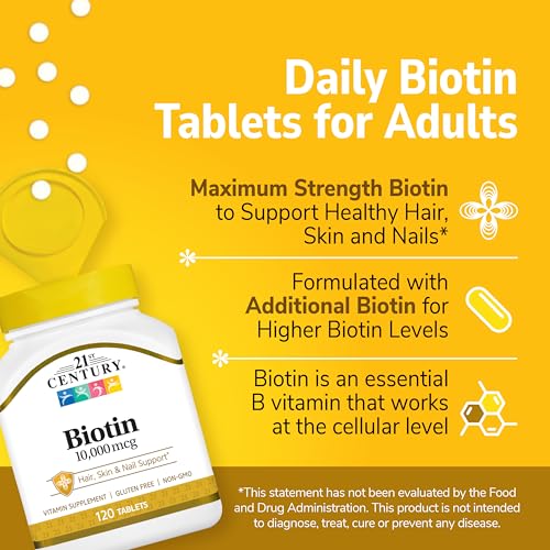 Biotina 21st Century 10,000 mcg etiqueta frontal con datos clave.