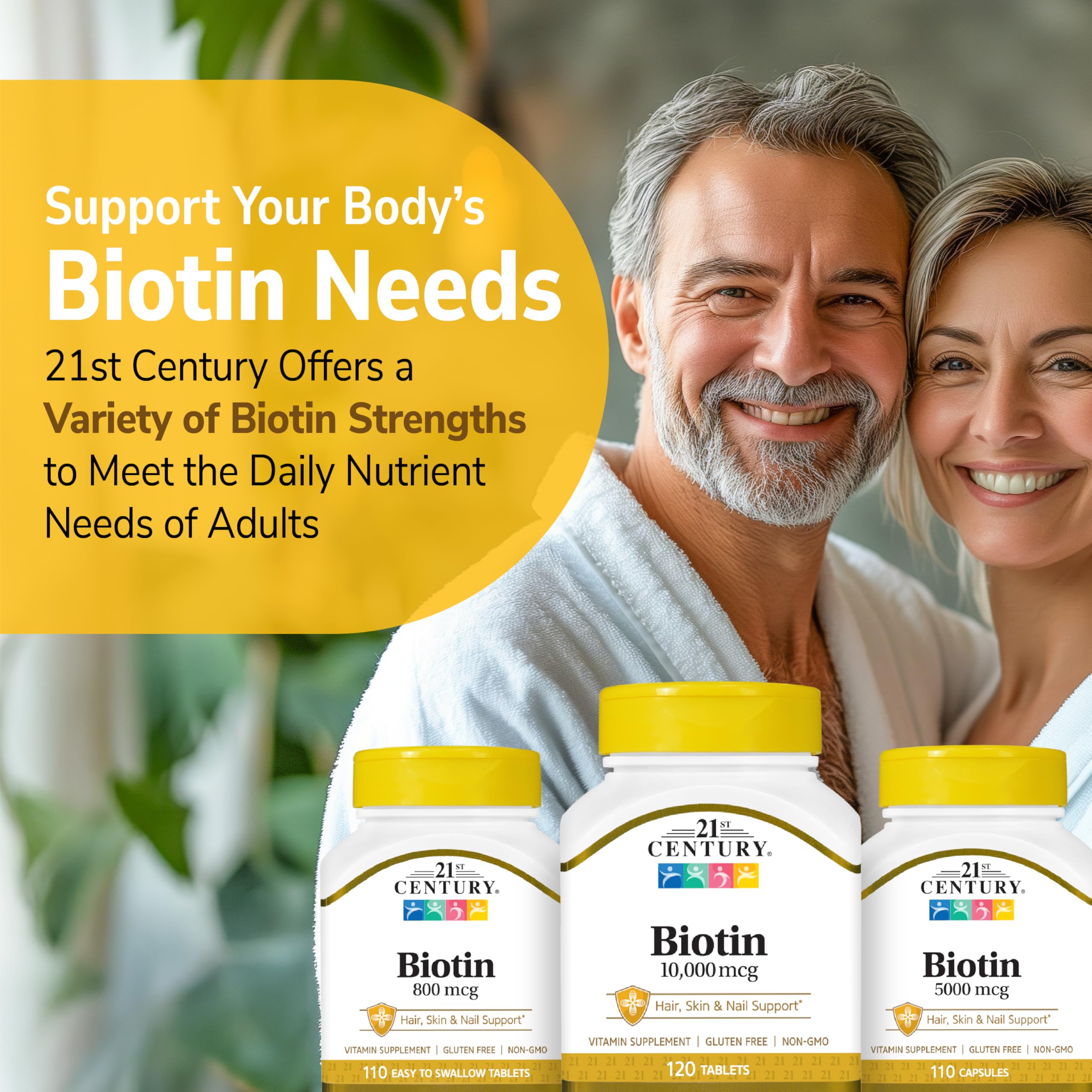 Biotina 21st Century 10,000 mcg información nutricional clara.