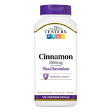Cápsulas 21st Century Cinnamon Plus Chromium frente al envase, apoyo al metabolismo de carbohidratos
