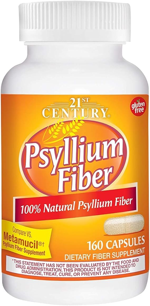 Botella de 21st Century Psyllium Fibra con cápsulas fáciles de tragar para apoyo digestivo.