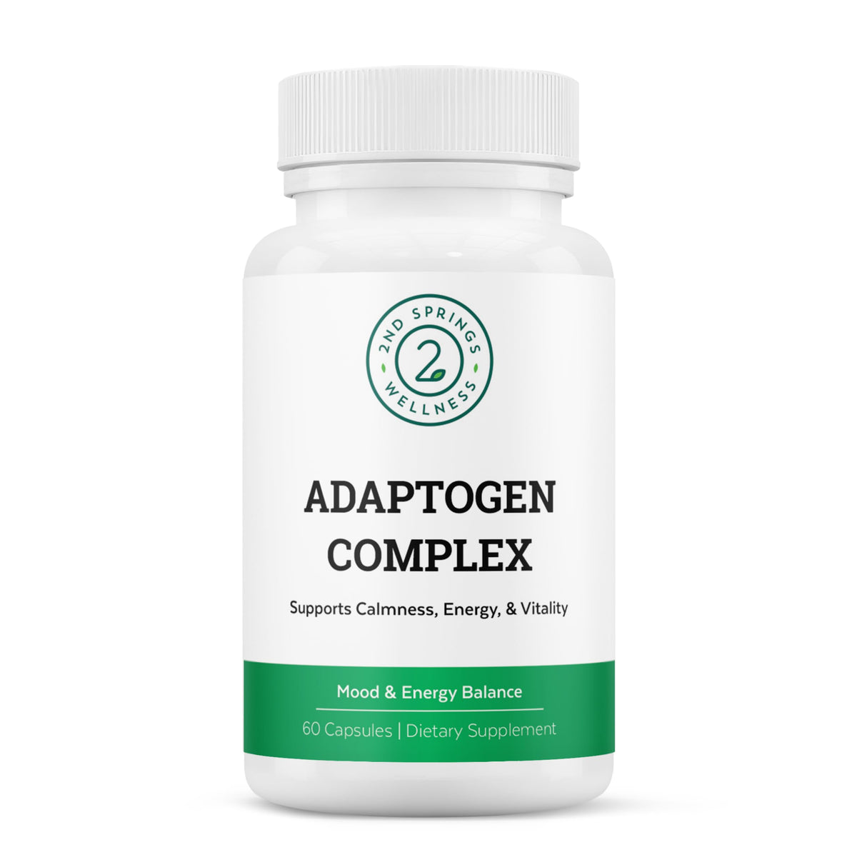 2nd Springs Adaptogen Complex, botella-vertido: apoyo para calma y energía diaria.