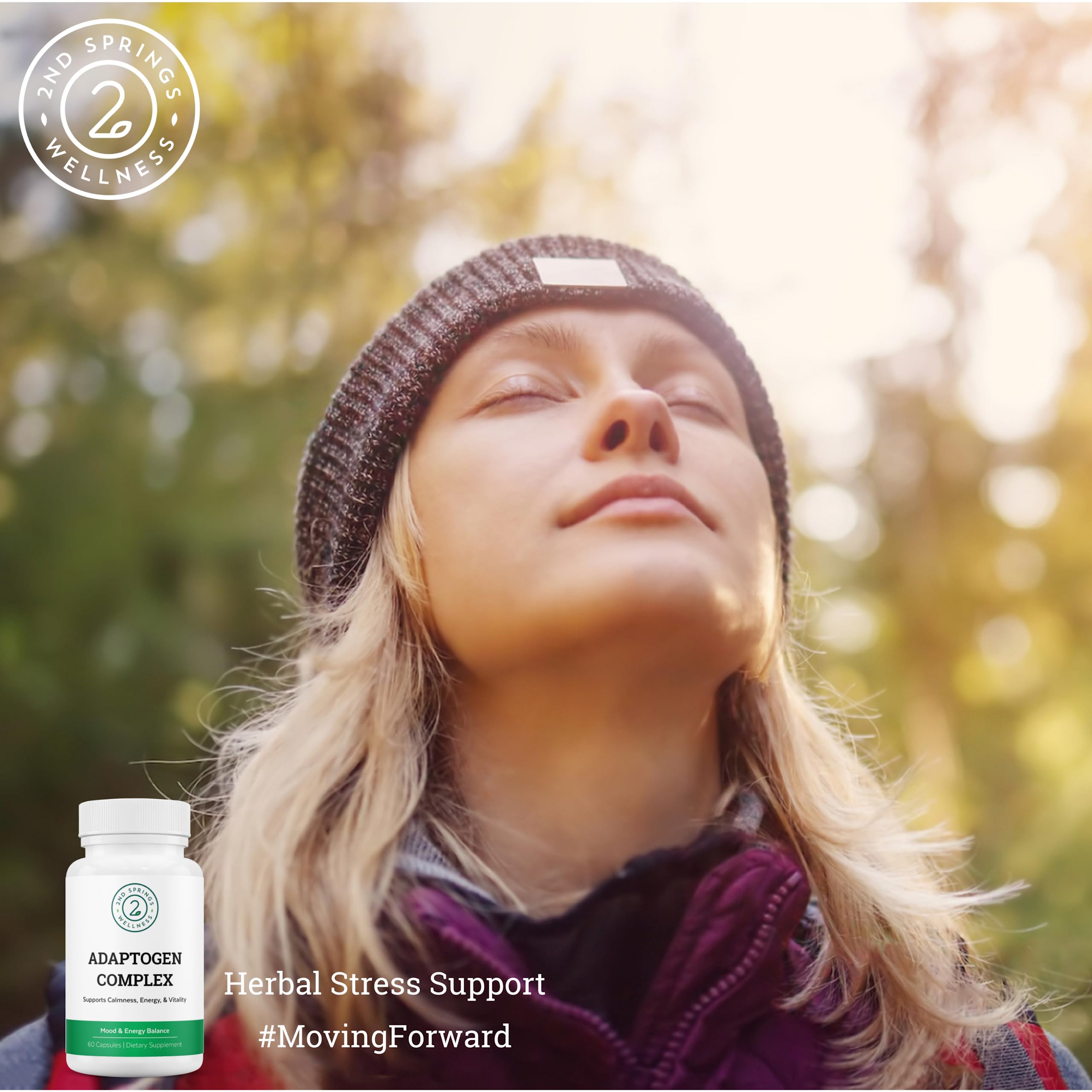 2nd Springs Adaptogen Complex, capsulas-en-mano: uso diario sencillo.