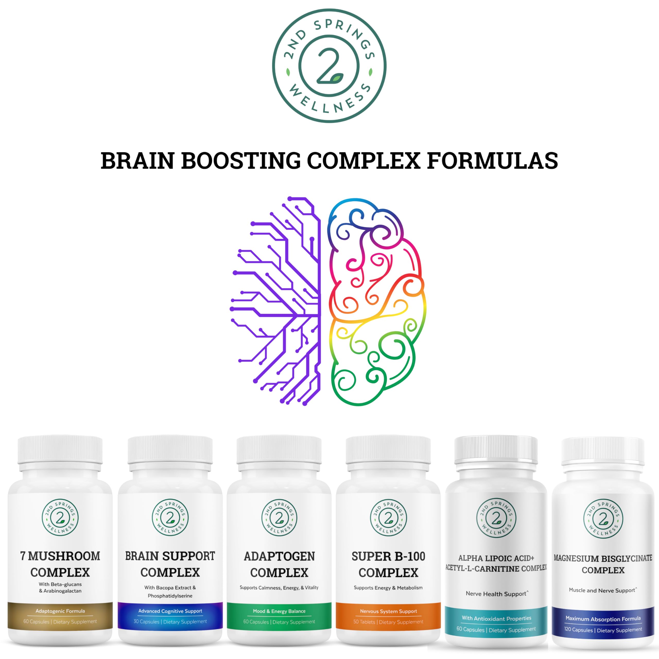 2nd Springs Adaptogen Complex, detalle-tapa: diseño limpio para uso diario.
