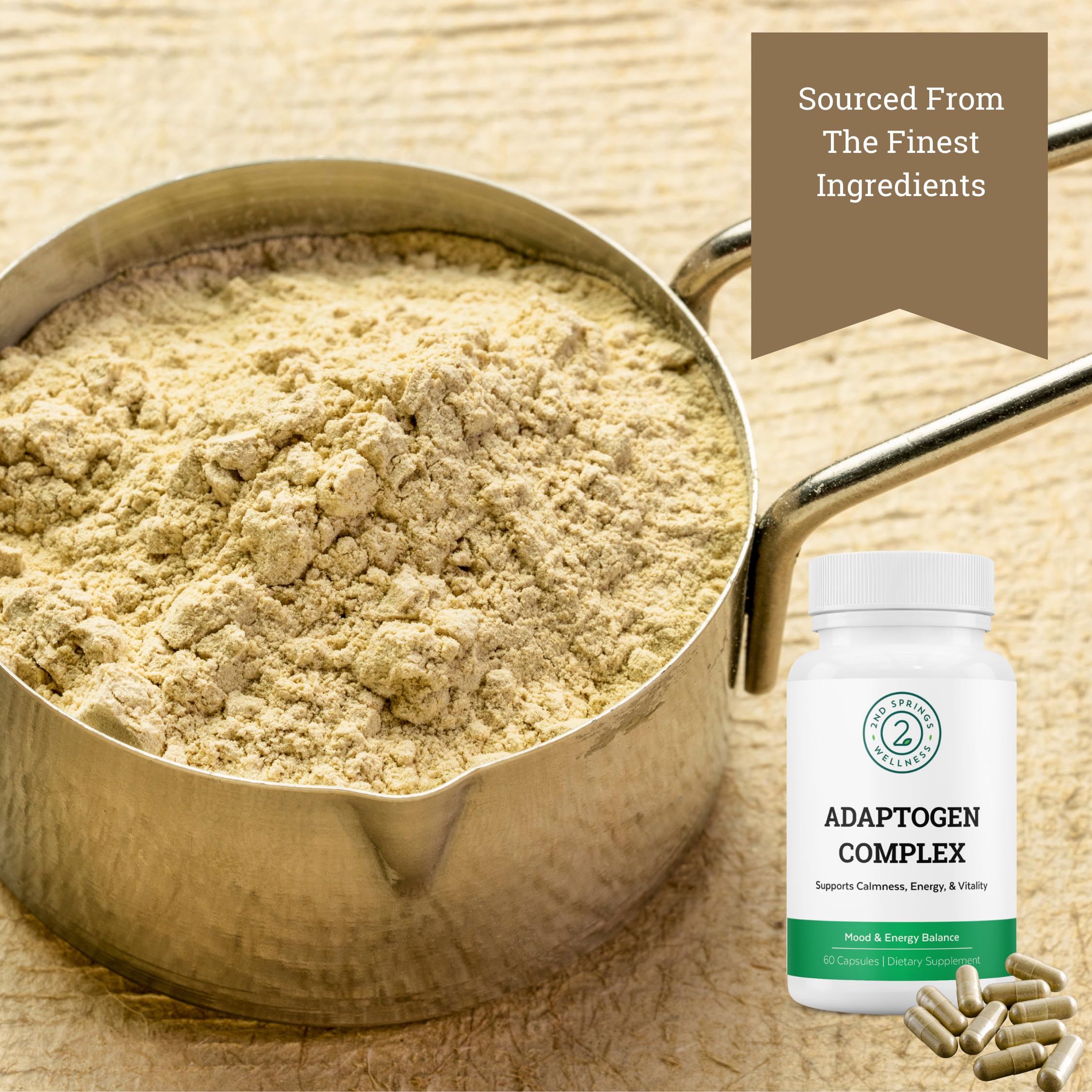 2nd Springs Adaptogen Complex, embalaje-destacado: referencia de bienestar natural.