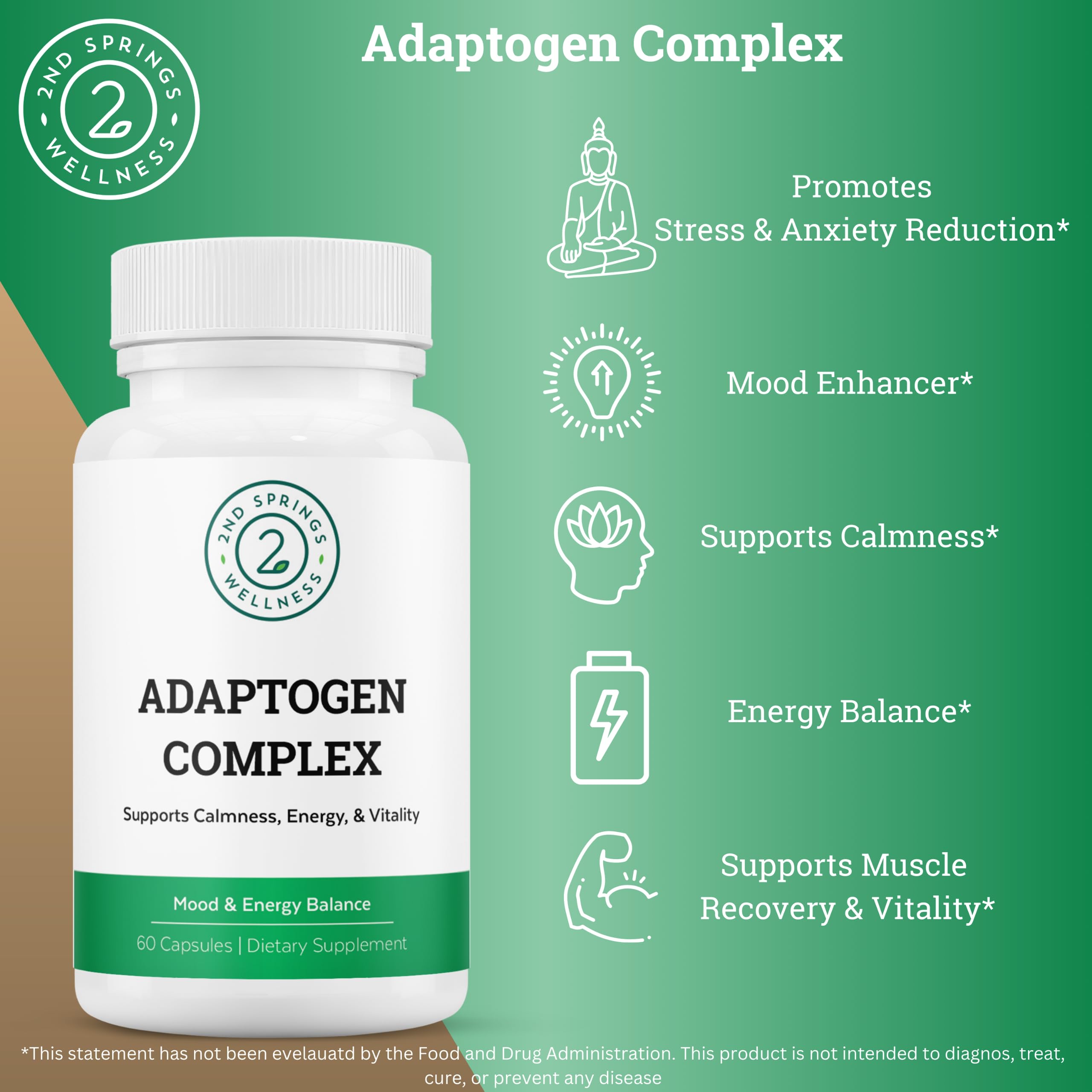 2nd Springs Adaptogen Complex, etiqueta-frasco: presentación clara y natural.
