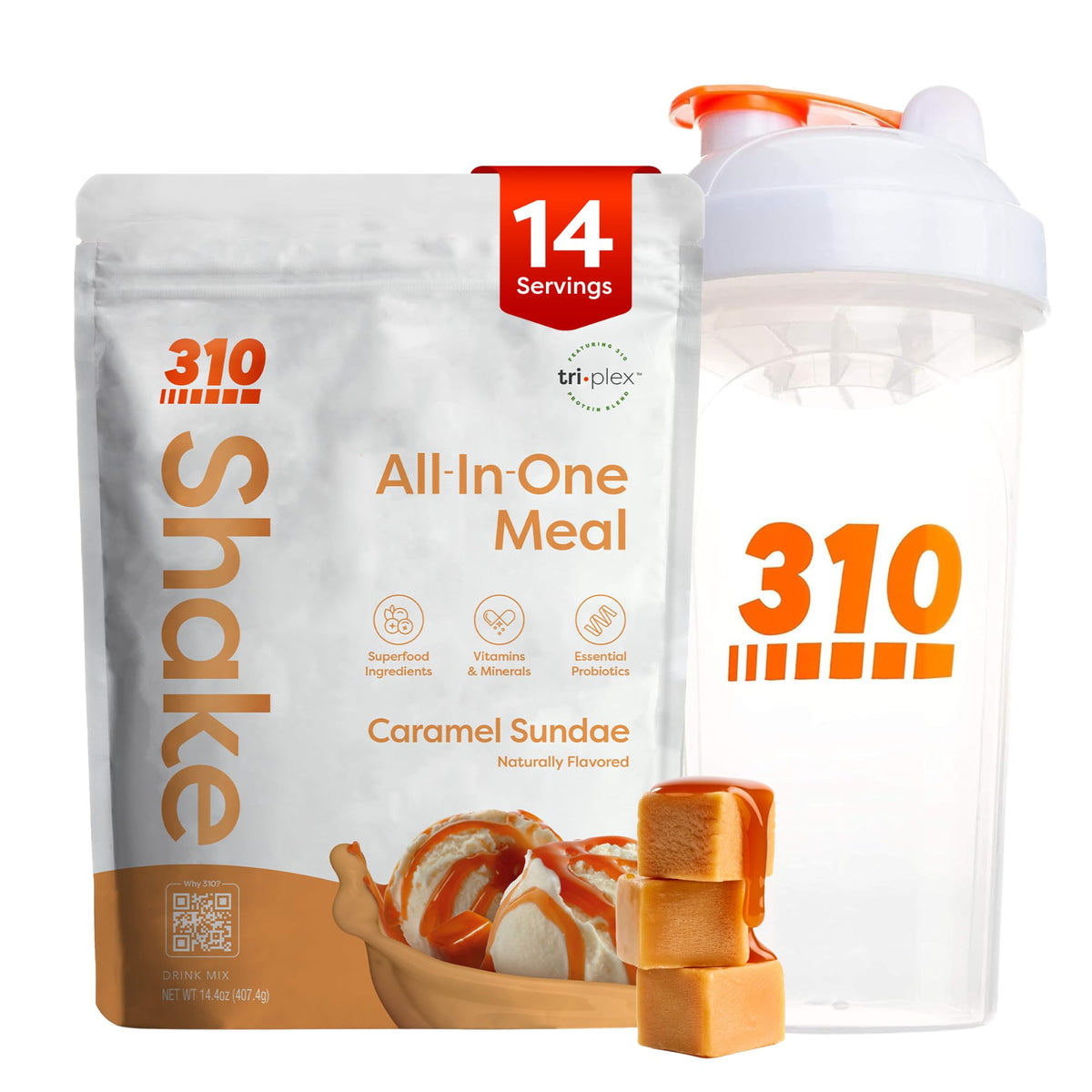 Conjunto 310 Nutrition con mezcla para comidas caramelo helado, ideal para empezar el día.