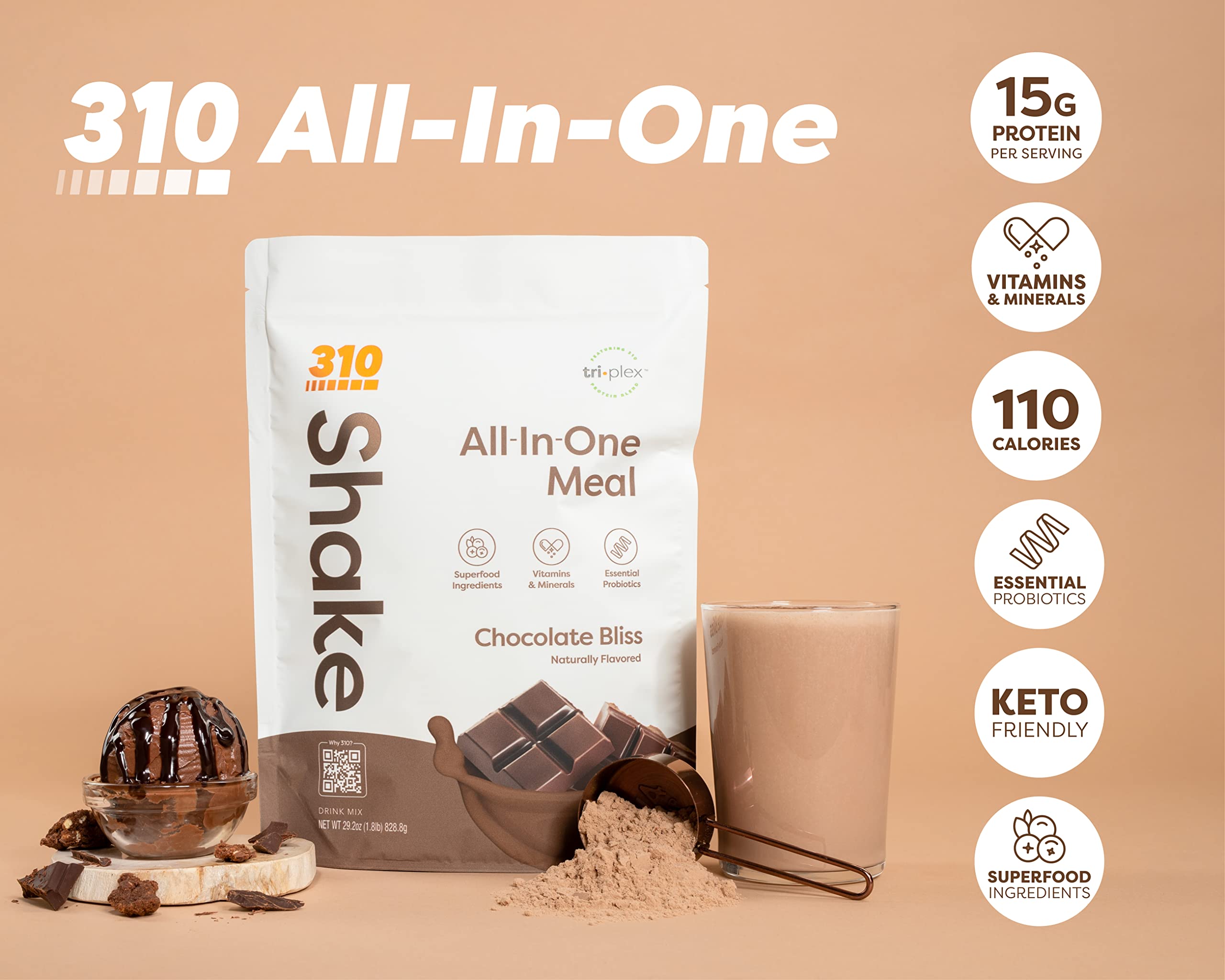 310 Nutrition superfoods Chocolate Bliss en un batido nutritivo.