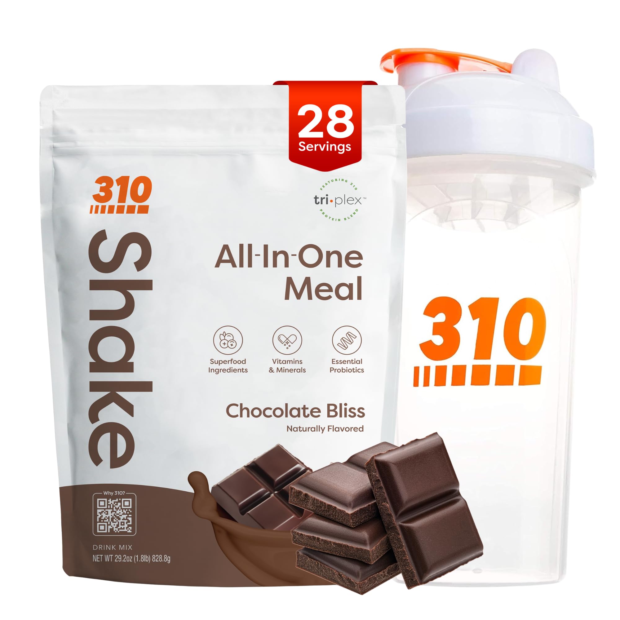 310 Nutrition All-in-One Chocolate Bliss con shaker para batidos rápidos.