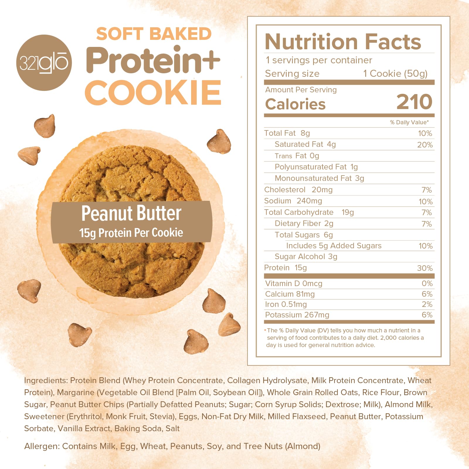 321glo galleta proteína 15g con sabor mantequilla de cacahuete, ideal para recargar.