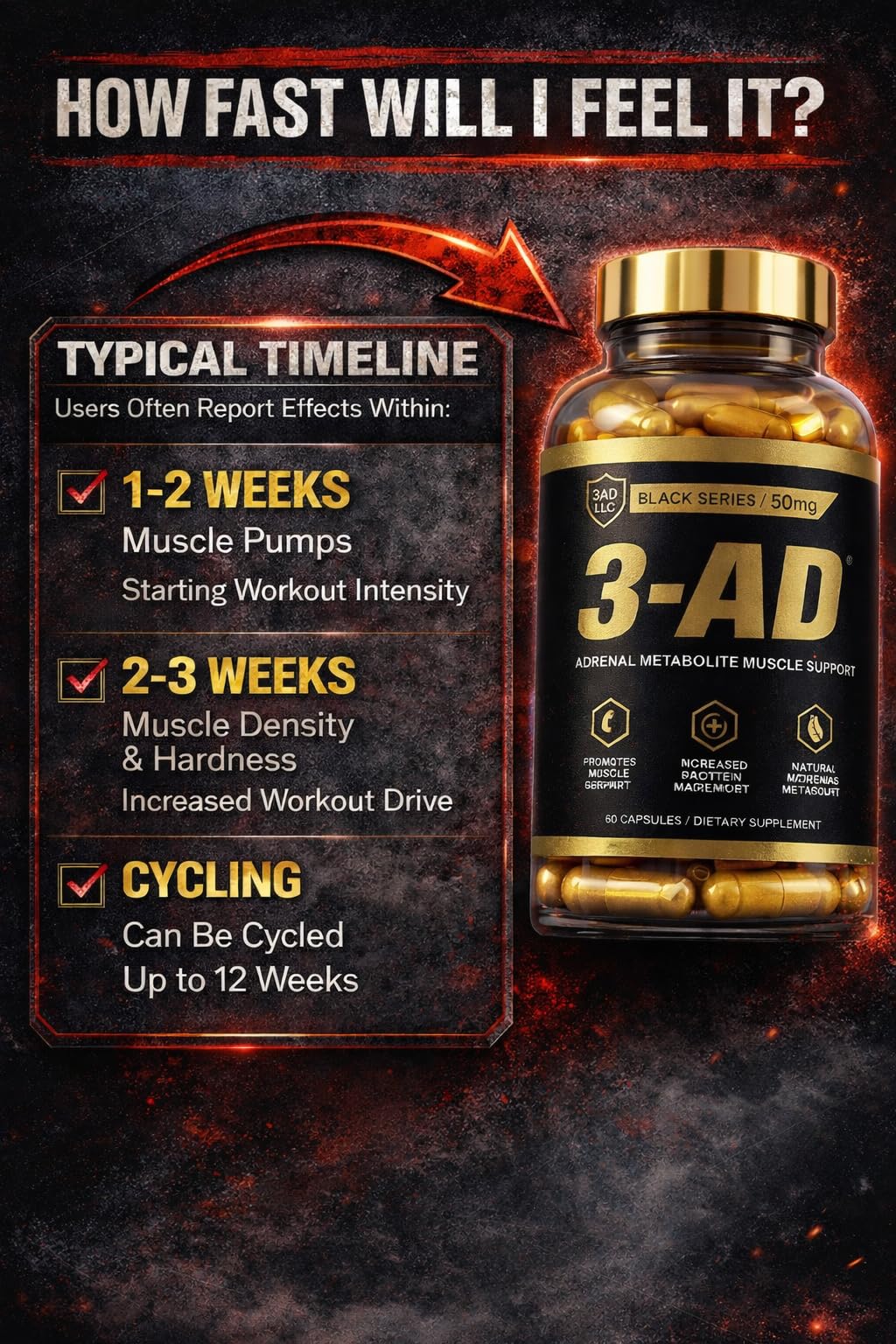 3-AD Black Series dosis de 50 mg por cápsula, dosificación transparente.