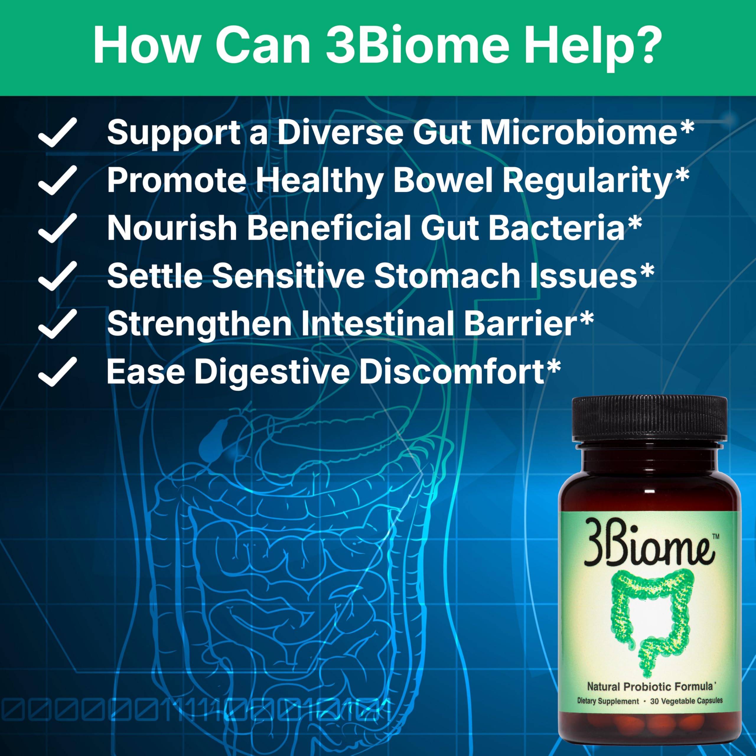 3Biome Probiotico: botella trasera muestra ingredientes y calidad
