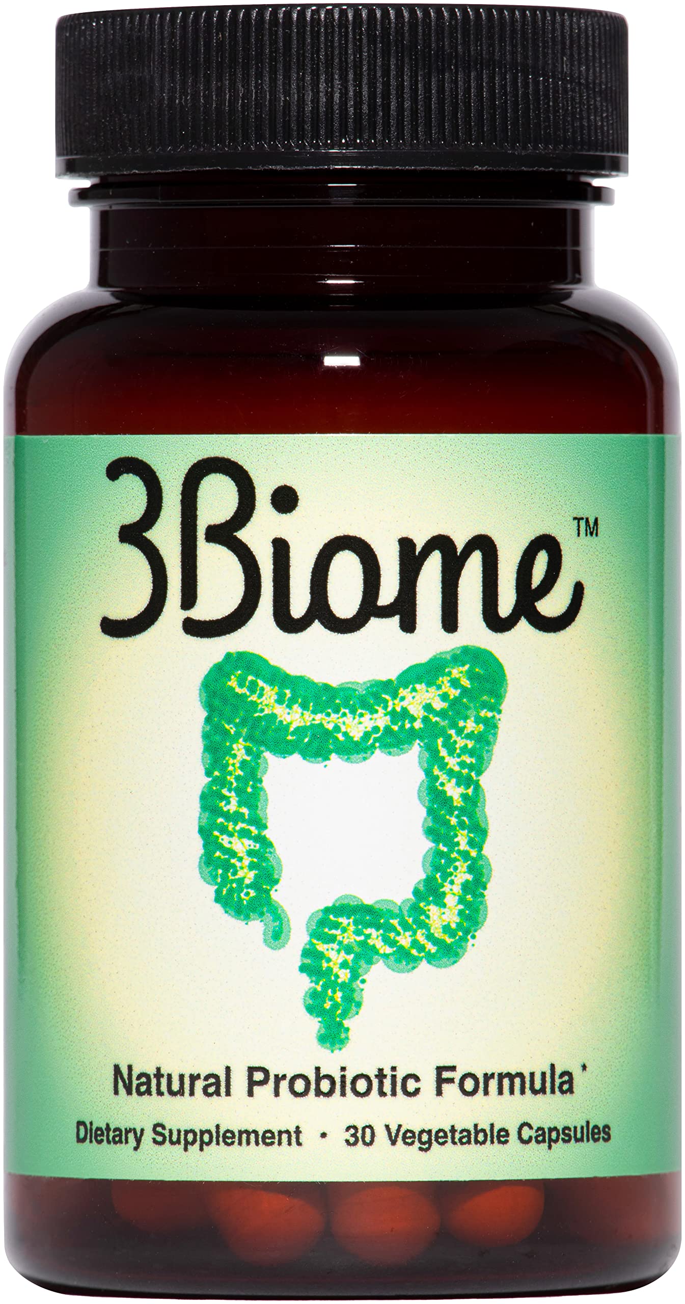 3Biome Probiotico: botella frontal con diseño limpio para confianza en salud intestinal