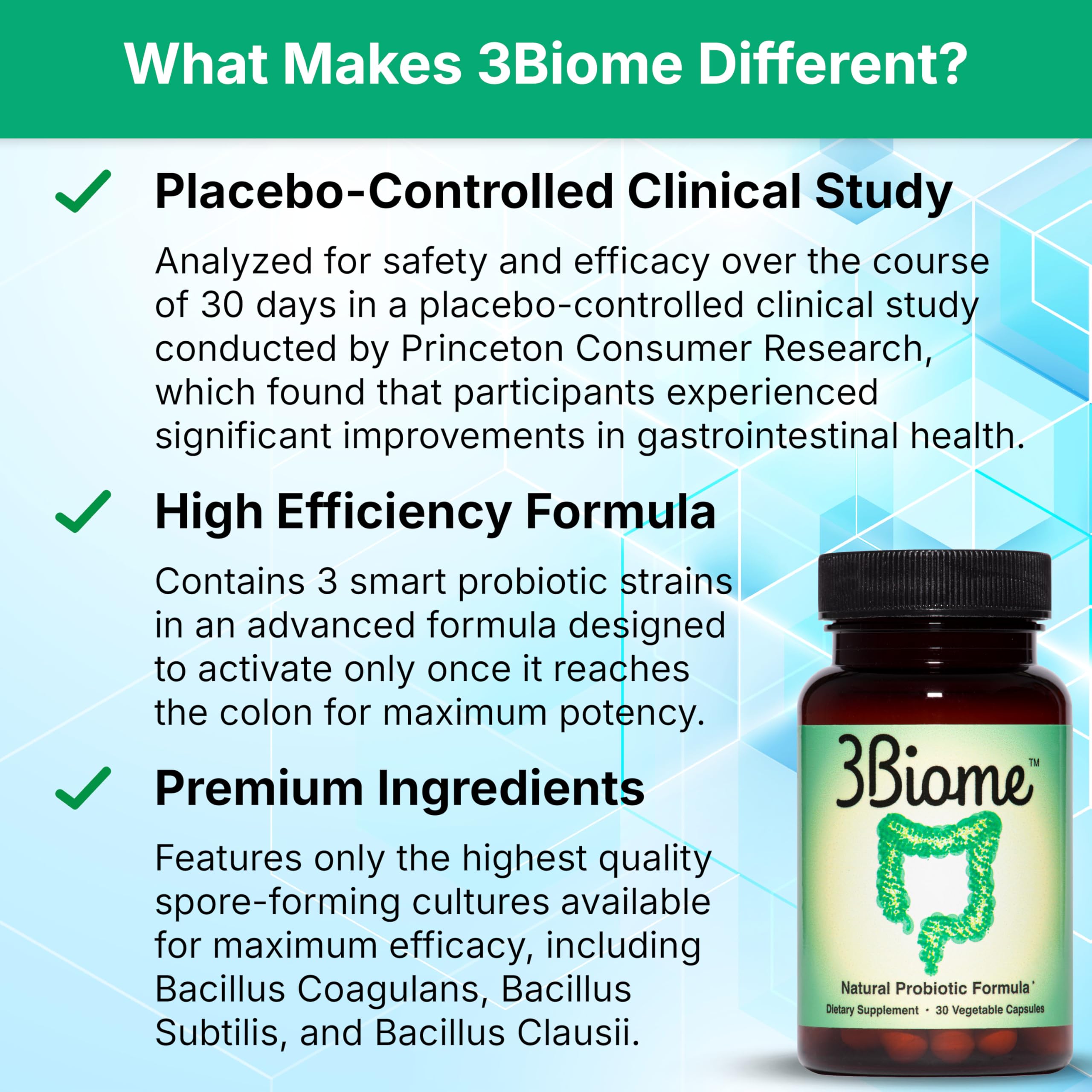 3Biome Probiotico: caja frontal con empaque limpio y sin alérgenos