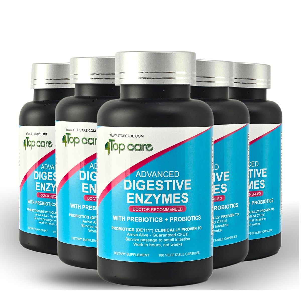 4 TOP CARE H4U Digestive Enzymes cápsulas cercanas destacando la textura suave