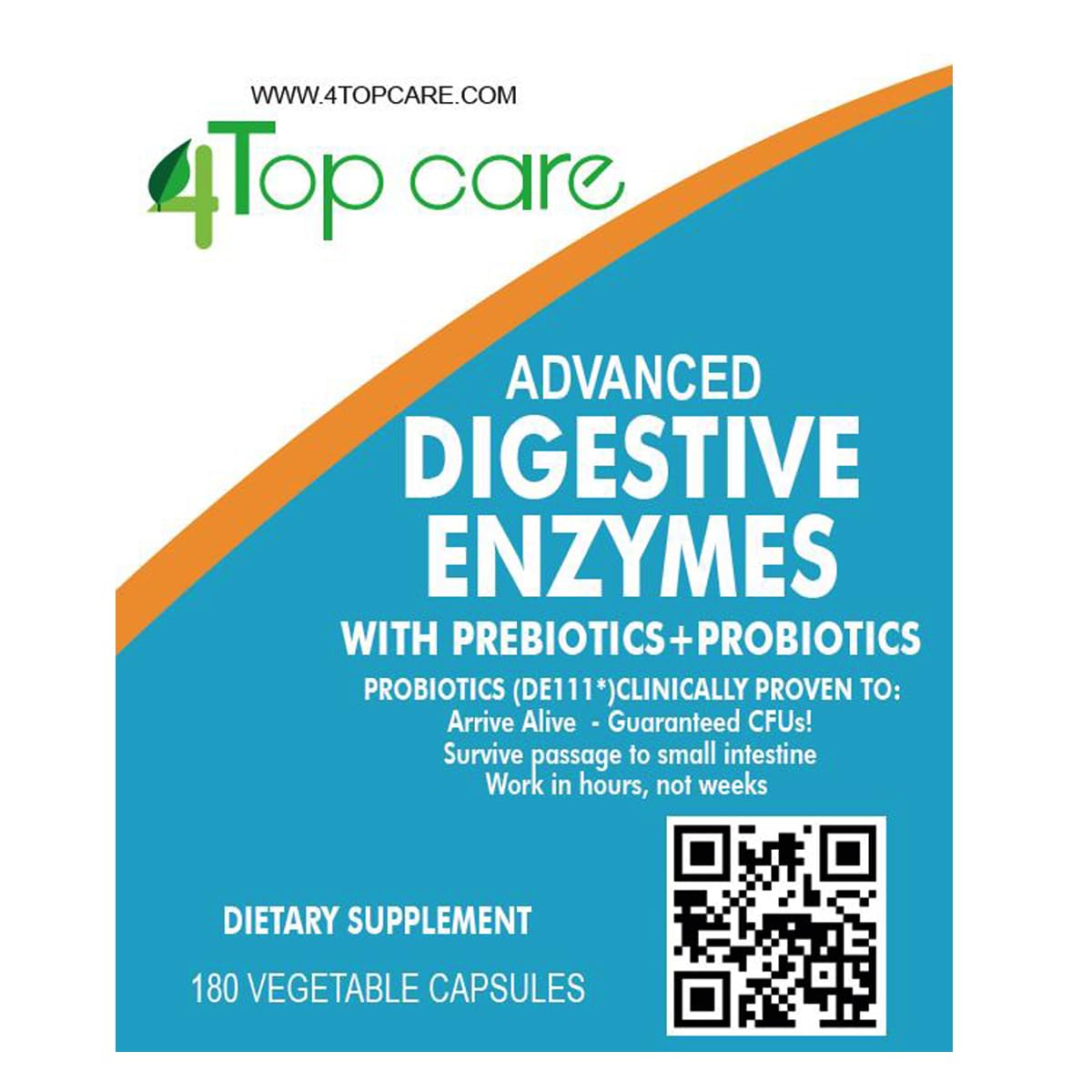4 TOP CARE H4U Digestive Enzymes etiqueta trasera con ingredientes y uso