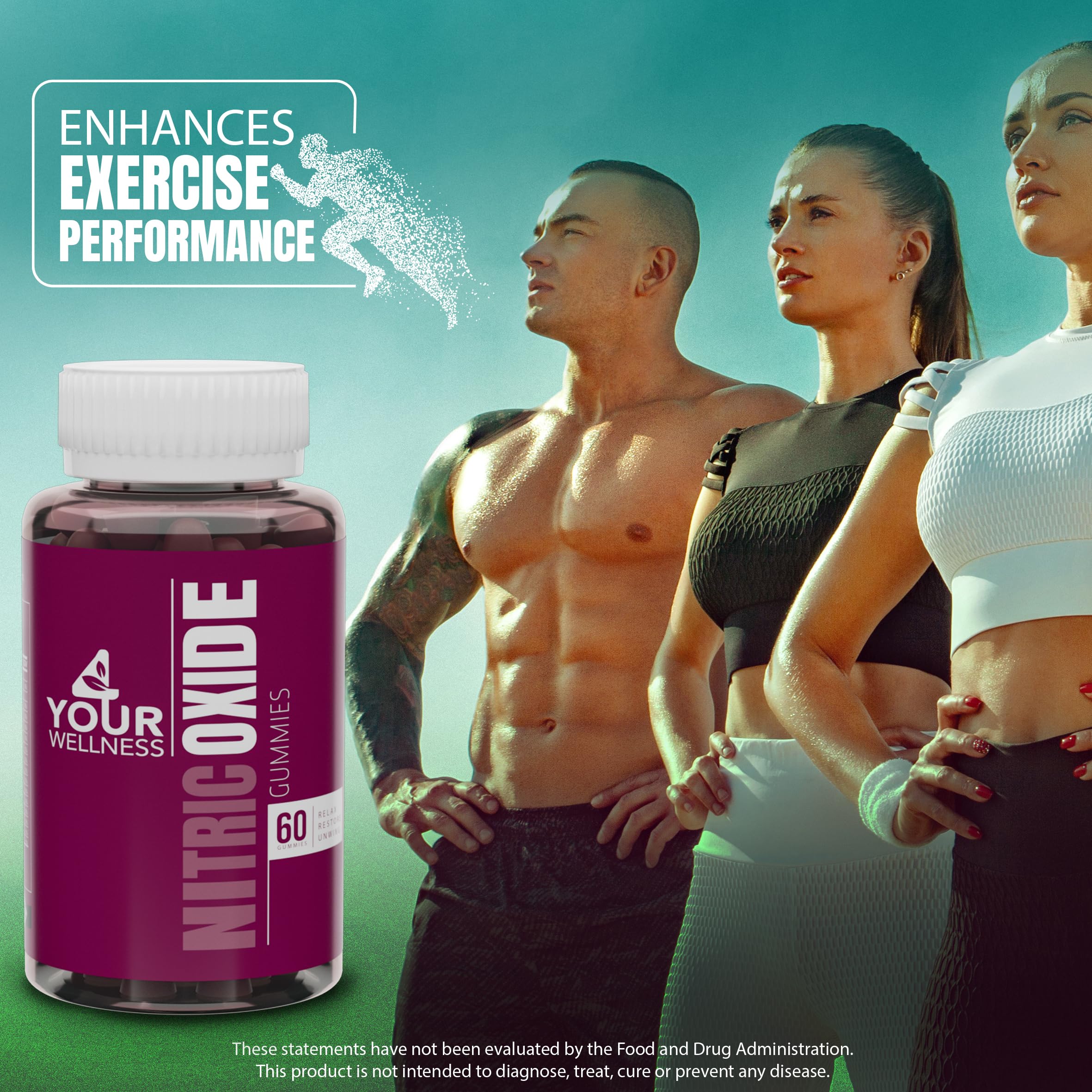 4 Your Wellness Nitric Oxide Gummies, ingredientes clave visibles.