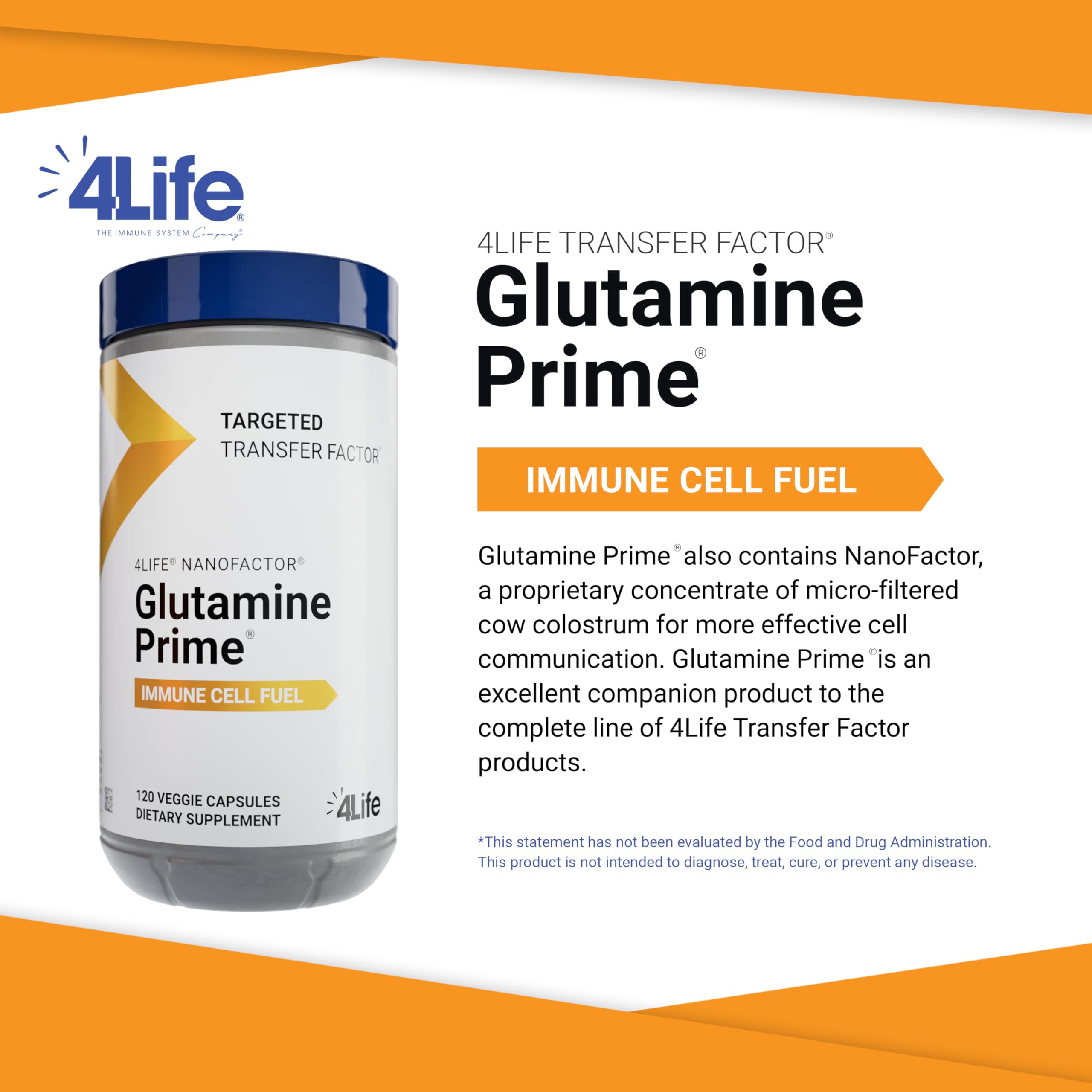 4Life Glutamine Prime: etiqueta frontal destacando NanoFactor y beneficios.