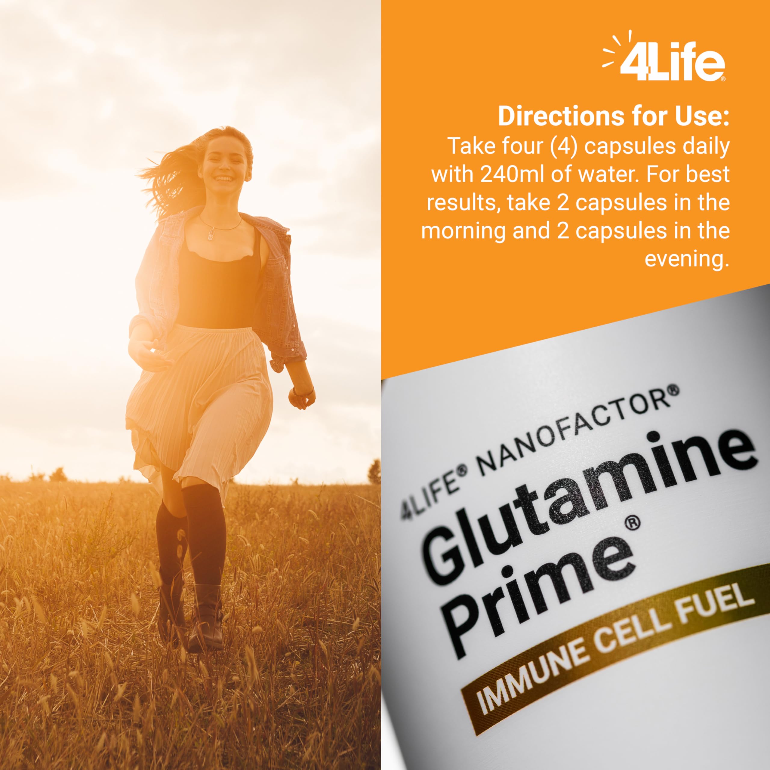 4Life Glutamine Prime: persona tomando cápsulas para mantener la vitalidad.