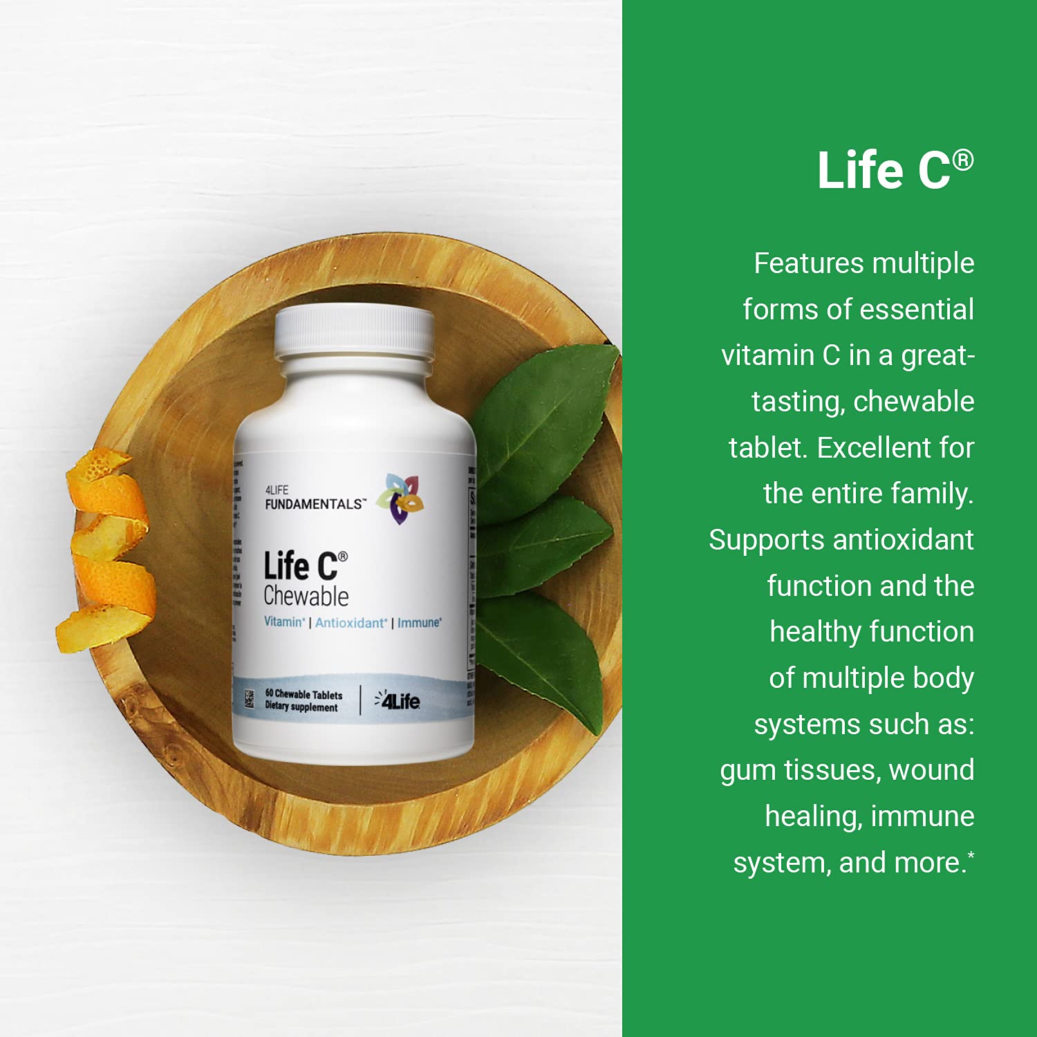 Manos sosteniendo tabletas 4Life Life C, sabor cítrico para un impulso saludable.