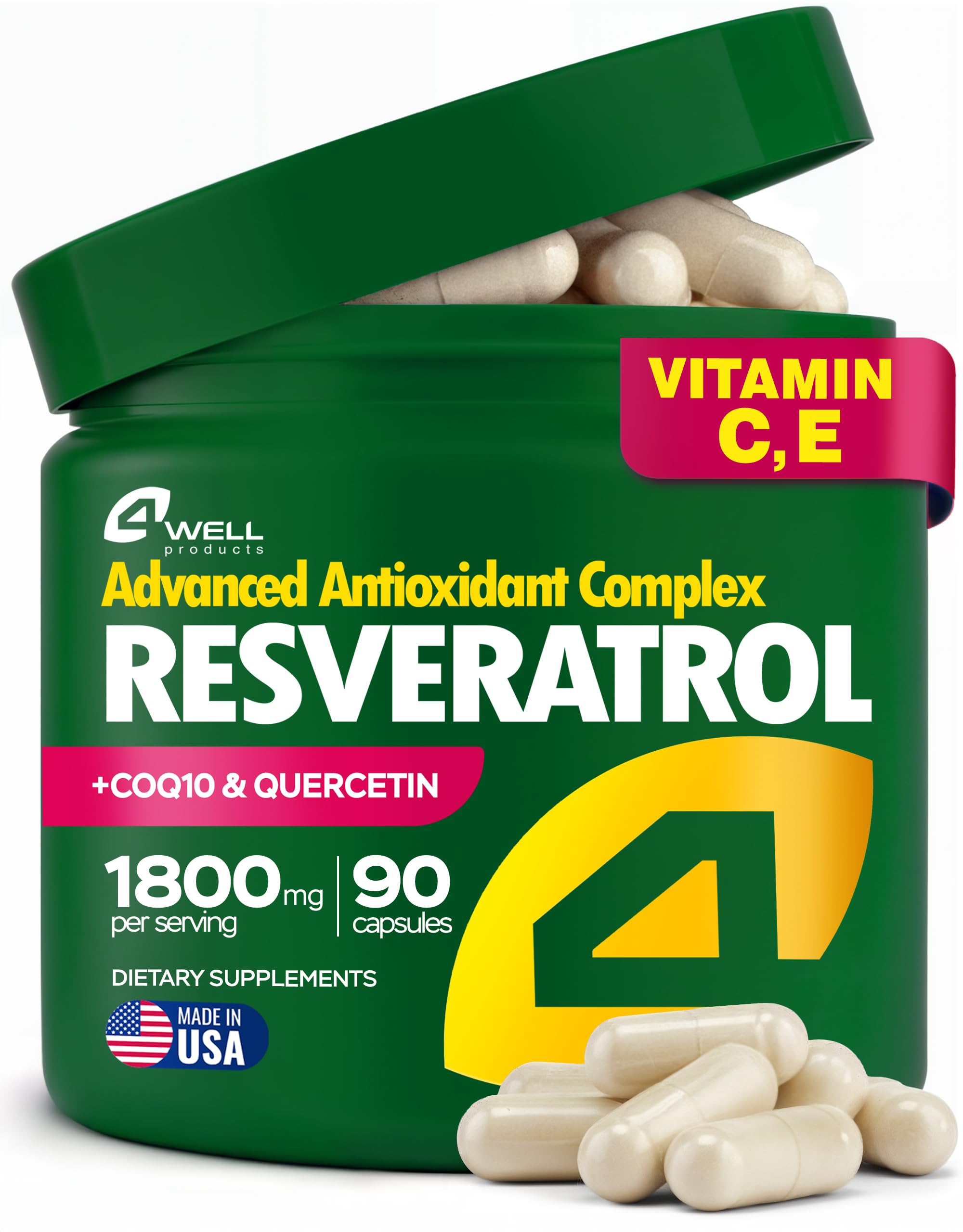 4Well Resveratrol 1800mg en botella, apoyo a la energía diaria.