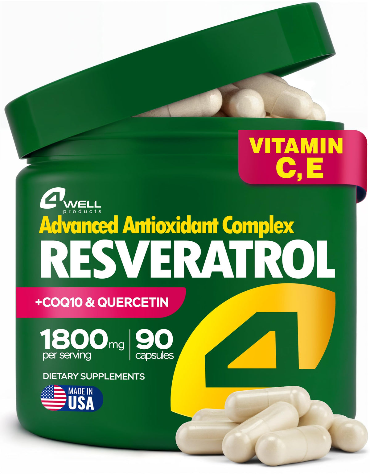 4Well Resveratrol 1800mg en botella, apoyo a la energía diaria.