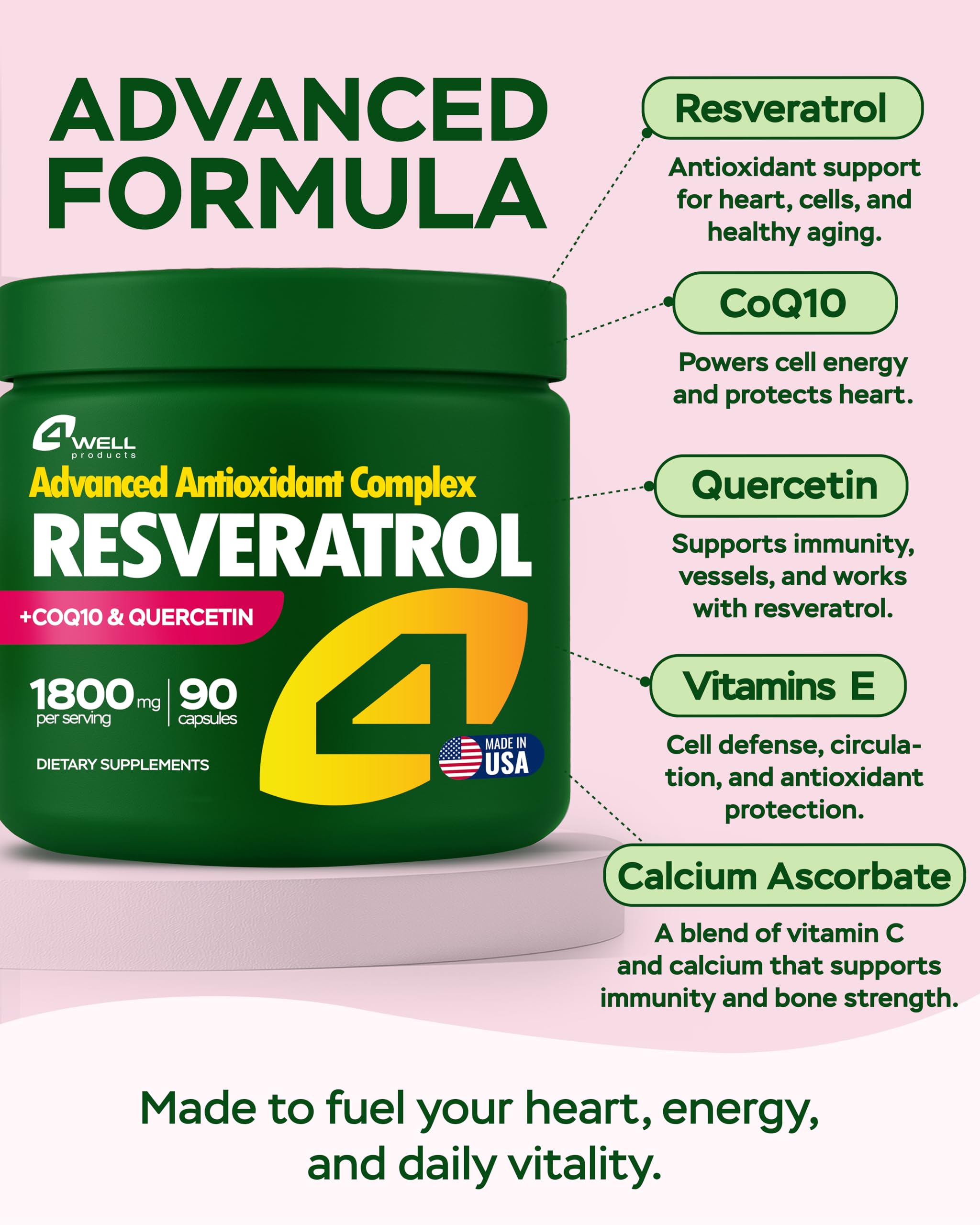 Cápsulas de 4Well Resveratrol con CoQ10 para la salud del corazón.
